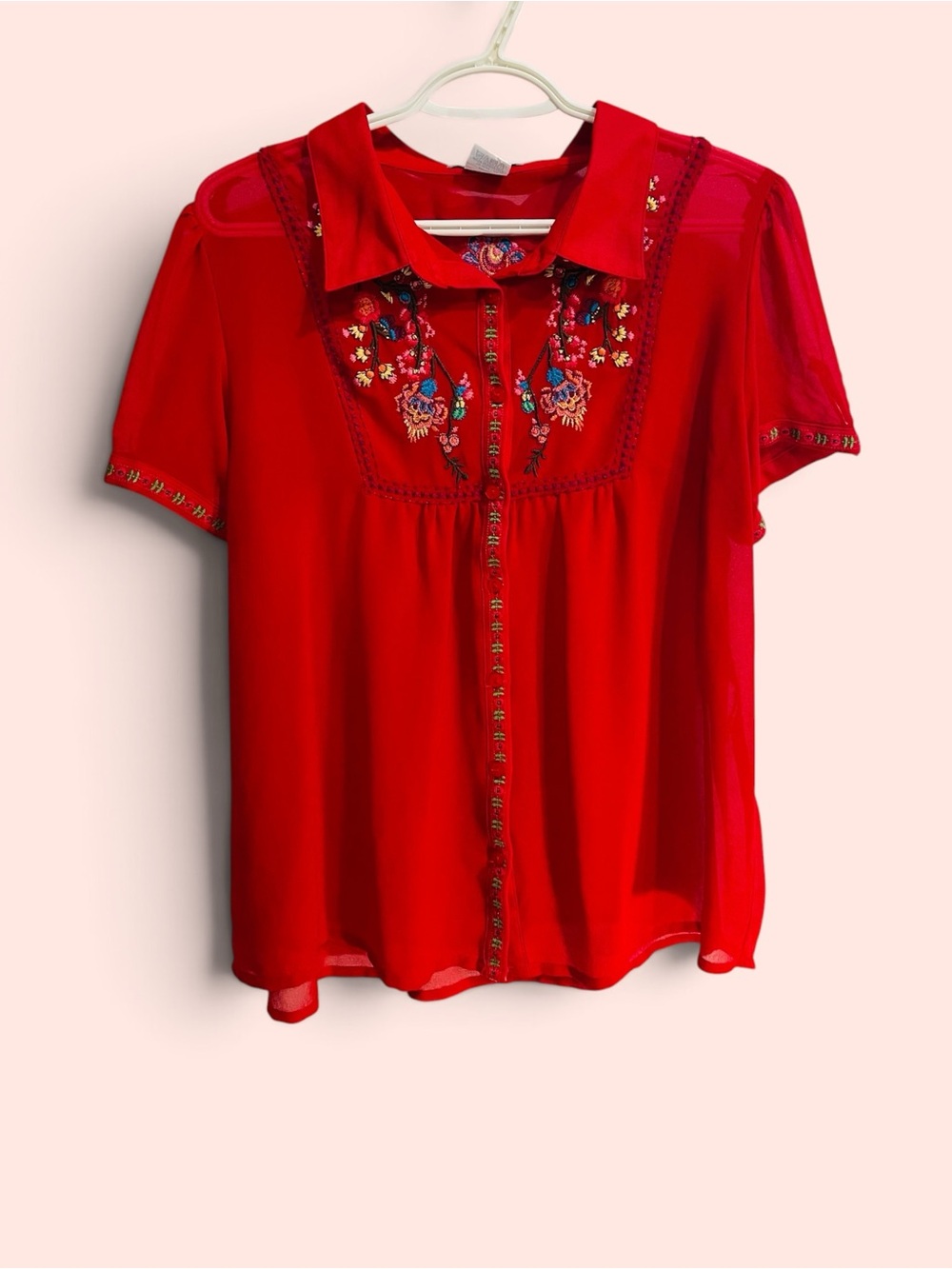 Embroidered Red Short-Sleeve Button-Front Blouse - Picture 2 of 6